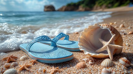 Canvas Print -   A pair of blue flip-flops rests atop a beach beside a seashell and starfish