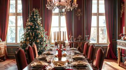 Elegant Christmas dining room with ornate holiday decorations and tree Concept of festive dinner, Christmas celebration, lavish interior, holiday season