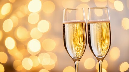 New Year festive background featuring two glasses of golden sparkling wine on a light background, adorned with bokeh lights and shimmering glitter, perfect for celebrating joyful moments