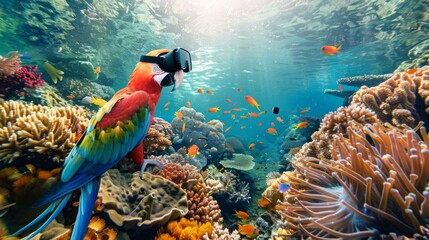 Wall Mural - Colorful parrot wearing virtual reality glasses in a vibrant coral reef. Concept of exotic bird, marine life, VR technology, underwater exploration