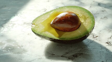 Wall Mural -   An avocado cut in half, with a fruit placed between the two halves, resting on a table