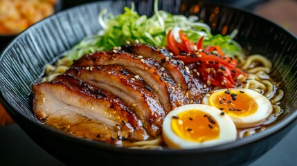 Sticker - Delicious ramen with tender pork, soft boiled eggs, and fresh vegetables beautifully arranged