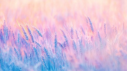 Poster -    a field of grass with pink and blue flowers in the foreground and a pink and blue sky in the background