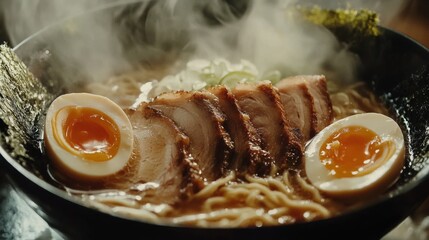 Sticker - Delicious ramen with tender pork, soft boiled eggs, and fresh vegetables beautifully arranged