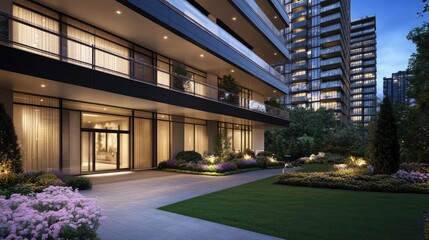 A sleek five-story office building features a black metal exterior and large glass windows, illuminated beautifully at dusk, surrounded by trees in a bustling urban area