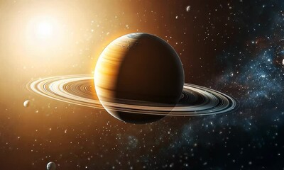 Wall Mural - saturn planets in deep space with rings and moons surrounded. isolated on black background video