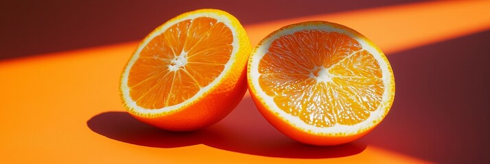 Poster - Two halves of an orange fruit are illuminated by sunlight against an orange surface.