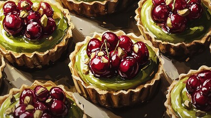 Poster -   A photo of a cluster of cupcakes adorned with cherries placed atop each one