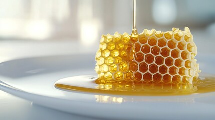 Wall Mural -   A close-up photo of a honeycomb plated with honey syrup drizzled over it