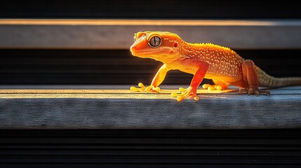 Poster -   Close-up of a small orange-yellow lizard on wood with sunlight behind