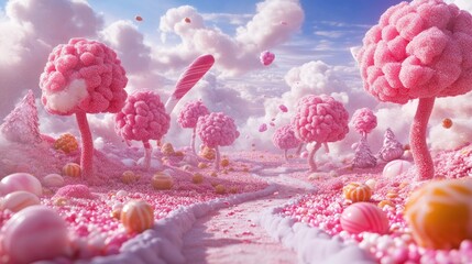 A Candy-Themed Landscape with Pink Trees and a Path