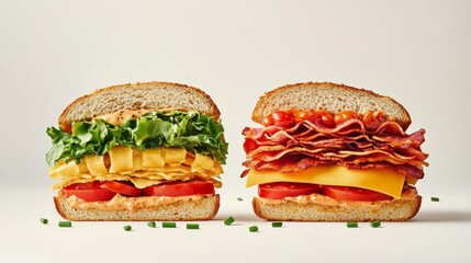 Canvas Print - Enjoying a delicious bacon sandwich with fresh vegetables and creamy dressing on a white background