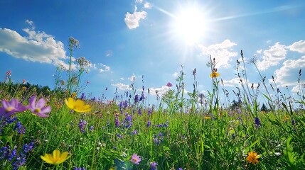 Sticker -   A vibrant field of wildflowers and daisies thrives beneath a radiant blue sky, illuminated by golden rays peeking through wispy clouds