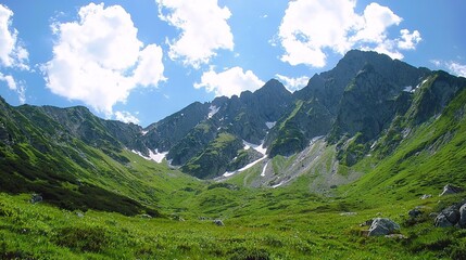 Sticker -   A verdant valley nestled between towering mountains beneath a sapphire sky, dotted with fluffy white clouds above