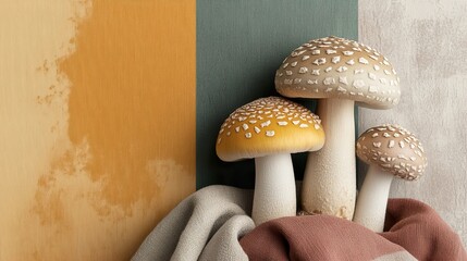 Wall Mural - Close-Up of Colorful Mushrooms on a Rustic Background