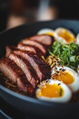 Sticker - Delicious bowl of ramen featuring pork slices and soft-boiled eggs in a cozy restaurant setting