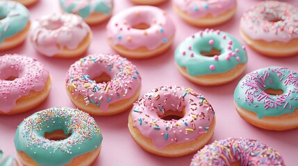 Poster -   A collection of donuts adorned with sprinkles and blue/pink frosting on a pink background