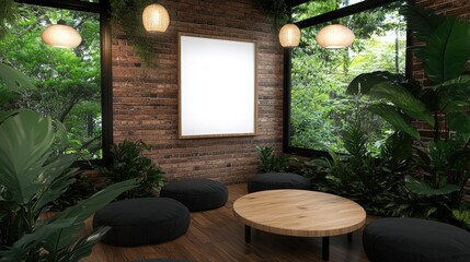 This industrial-style living room showcases a blank poster frame on a stone wall, surrounded by plush beige couches, wooden furniture, and large windows letting in natural light