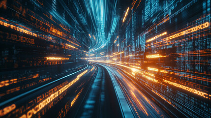 Poster - Dynamic abstract representation of data streams flowing through a futuristic digital tunnel
