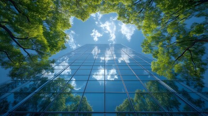  A skyscraper's glass facade mirrors the surrounding trees and blue sky, showcasing a beautiful urban landscape.