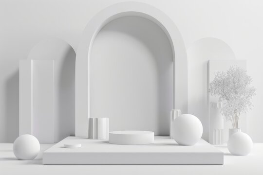 Abstract 3D rendering mockup with geometric shapes on white background.
