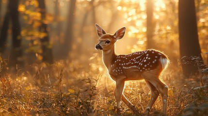 Poster -   A small deer standing amidst the forest, bathed in sunlight filtering through the leaves and blades of grass