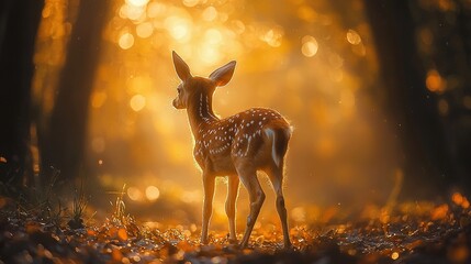 Canvas Print -   Deer in forest, light source behind trees