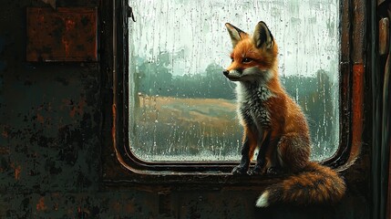 Sticker -   A red fox sits atop a window sill beside a droplet-covered window