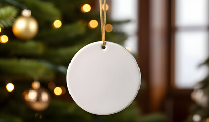 Wall Mural - Simple white ceramic ornament for copy space hangs from a Christmas tree branch, decorated with warm golden lights in a cozy living room setting.