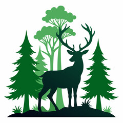 A deer with antlers in the forest silhouette vector illustration on white background