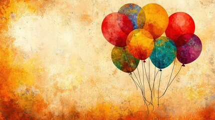 Poster -   A painting of colorful balloons soaring against a vibrant backdrop of yellow, orange, red, and green