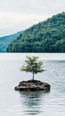 Aufkleber - A single tree thrives on an island in the calm waters of a lake, reflecting the surrounding cliffs and greenery. The soft light enhances the peaceful atmosphere of this serene location