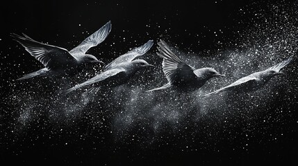 Poster - Birds, Dispersion, splatter effect on black background