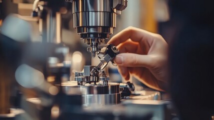 Poster - a worker skillfully assembles precision components using advanced machinery in a busy manufacturing 