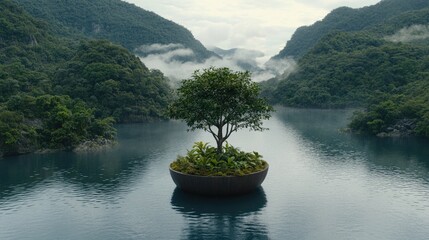 Aufkleber - A single tree thrives on an island in the calm waters of a lake, reflecting the surrounding cliffs and greenery. The soft light enhances the peaceful atmosphere of this serene location