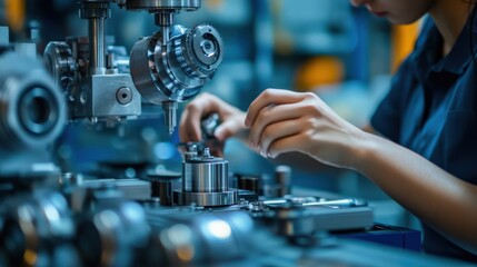 Poster - In a bustling workshop, a worker focuses intently on assembling intricate machinery parts, demonstrating skill and precision in every movement