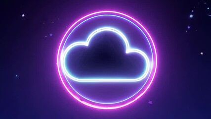 Poster - Neon cloud icon is appearing inside a glowing circle on a starry night background. This can be used for technology and communication related projects