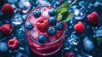 Wall Mural -   A macro of a cocktail with berries and ice on a wooden surface