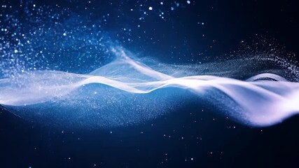 Poster - Abstract particles flow in a wave pattern against a blue background, illuminated by shining stars, creating a mesmerizing visual of energy and motion in a cosmic setting