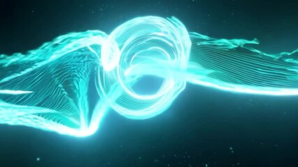 Poster - Abstract cyan light forming a swirling shape on black background with some particles. Perfect for any project that needs an abstract and technological look