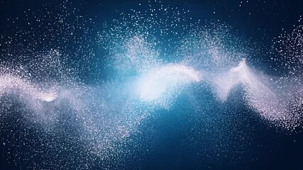 Poster - Flowing white particles swirl and form abstract shapes against a blue background. The dynamic motion creates a captivating visual effect, evoking a sense of energy and elegance