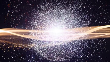 Poster - White sphere expands, growing brighter and emitting golden particles against a black background