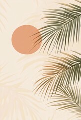 Wall Mural - Minimalist illustration of palm leaves with a sun in the background, using muted earth tones