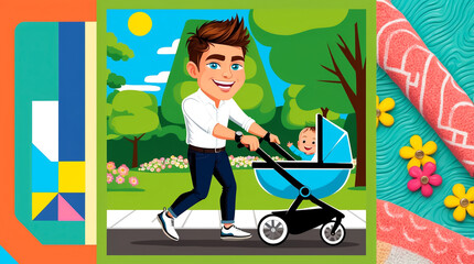 Stylish young father walking with a stroller in the park in summer cartoon style, flat design illustration