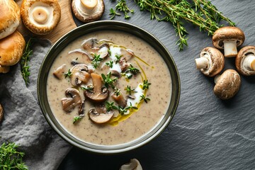 Creamy mushroom soup in a bowl with fresh thyme garnish.