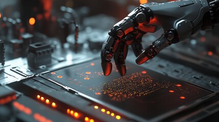 Poster - A robotic hand delicately engages with a glowing digital display, demonstrating advanced technology and precision in a sophisticated, illuminated environment