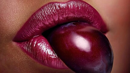 Poster -   A woman's lip close-up with an apple positioned at its center and a nibble on the apple