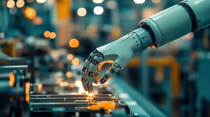Poster - a robotic hand carefully positions small electronic components on a conveyor belt in a high-tech fac