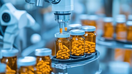 Poster - A robotic arm accurately dispenses capsules into amber vials on a conveyor belt in a pharmaceutical facility, showcasing advanced automation technology in action