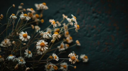 Canvas Print -   Daisies on black background with water drops in center